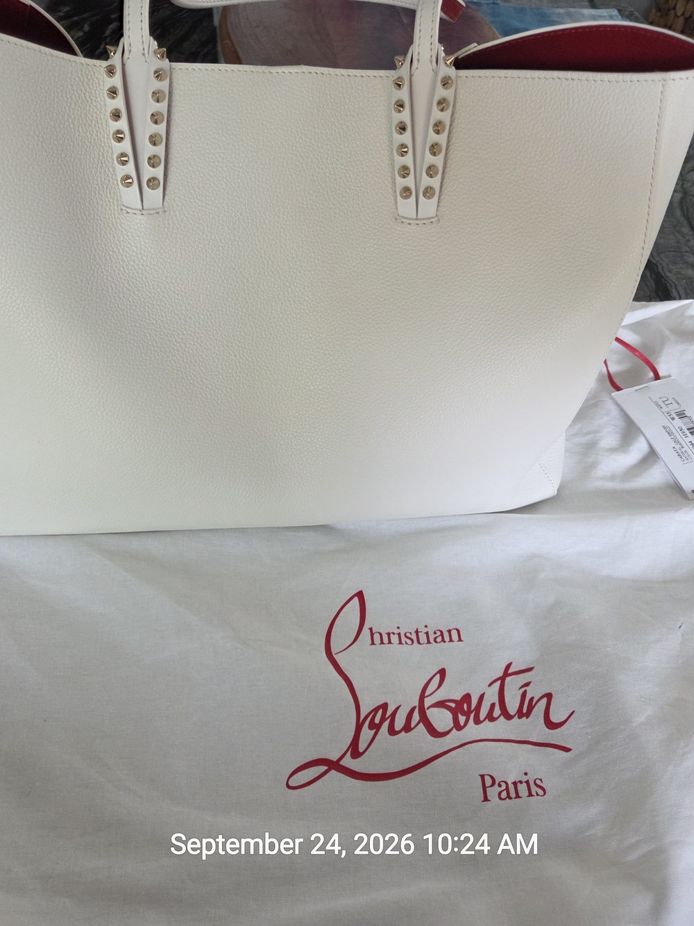 Christian Louboutin White Leather Cabata Tote Red Interior And Bottom Logo New